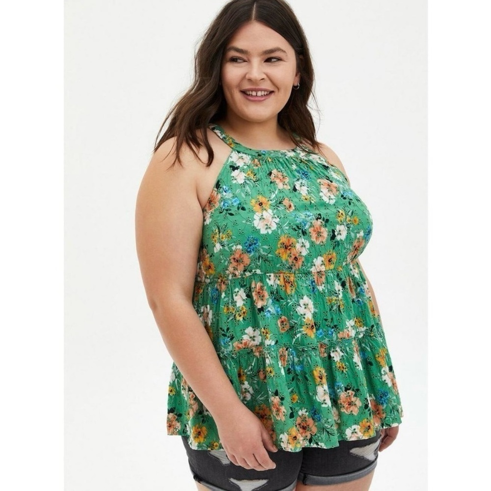 Torrid Green Floral Babydoll Eyelet Tiered Sleeveless Top size 0